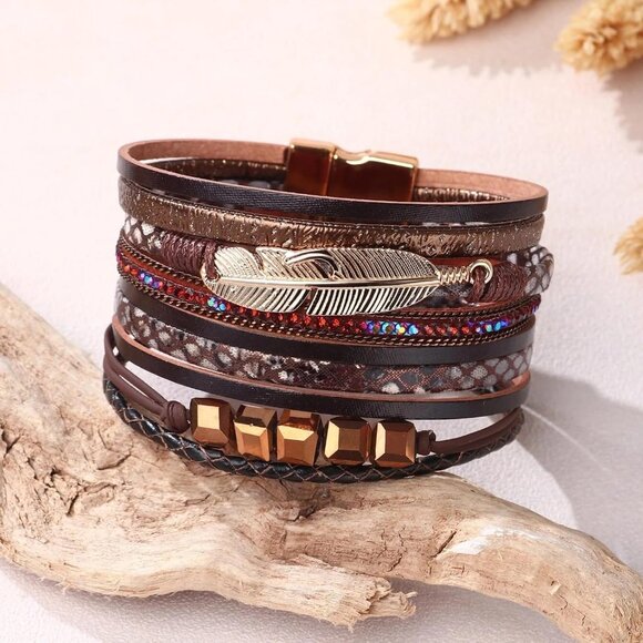 Leopard Bracelet for Women, Boho Leather Wrap Multi-Layer Pearl Crystal Bracelet - Picture 6 of 7